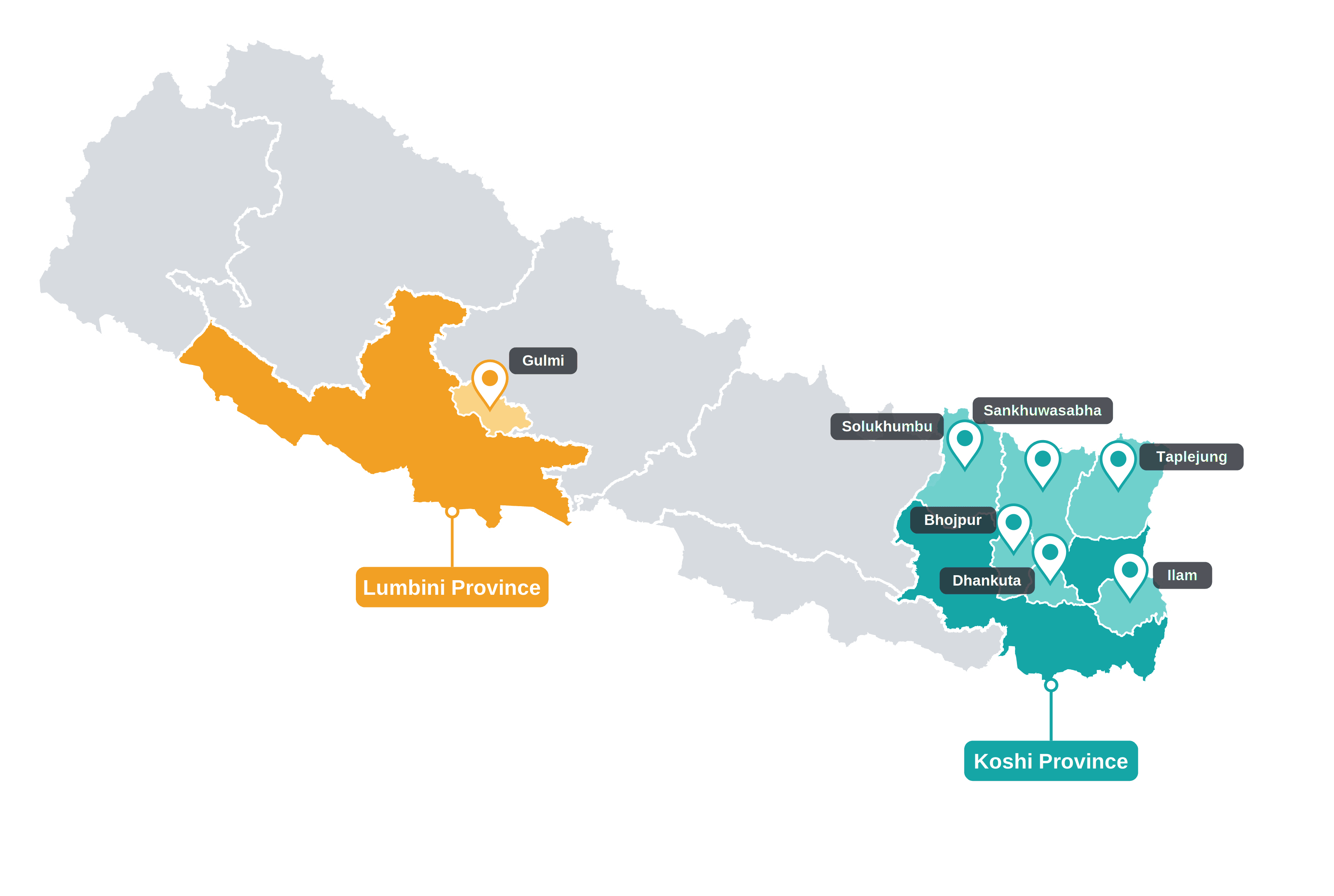 Map of Mewa Valley Coffee's sourcing districts in Nepal